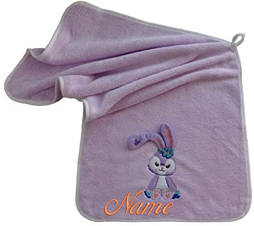 Handtuch Hase mit Namen oder Wunschtext Bestickt, Kinder Handtuch mit Stickerei Mikrofaser Korallenvlies Gesichtstücher mit Aufhängerschlaufe, 35x75cm, für Kinder Küchen Badezimmer (Lavendel)