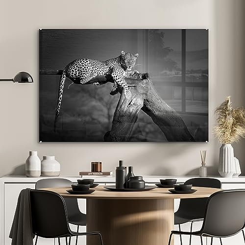 MuchoWow Glasbild Glasfoto Wandbild Bilder Deko 120x80 cm Panther - Baum - Tiere - Schwarz - Weiß