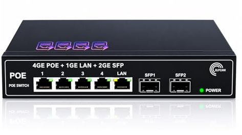 Elfcam® - PoE Commutateur Switch Fibre Optique avec 2 Ports SFP 1,25Go, 4 Ports PoE Gigabit Ethernet 10/100/1000Mbps, Plug & Play Non Géré (4 Ports PoE)