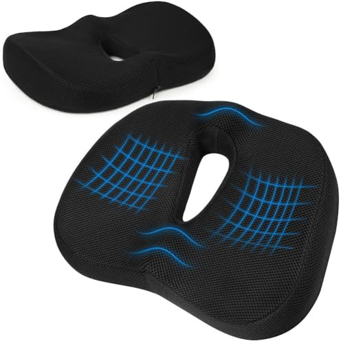Ainiv Cuscino del Sedile in Memory Foam, Cuscino del Coccige Antiscivolo Regolabile per Seggiolino Auto, Sedia da Ufficio, Adatto per Alleviare il Dolore Alla Schiena, All'anca e al Coccige - Nero