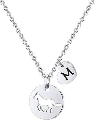TINGN Pferde Mädchen Geschenk, Pferde Kette Herz Buchstaben Edelstahl Kette mit Buchstaben A-Z Personalisierte Geschenke für Teenager Mädchen Pferdeliebhaber Geschenke für Schwester Tochter Schmuck