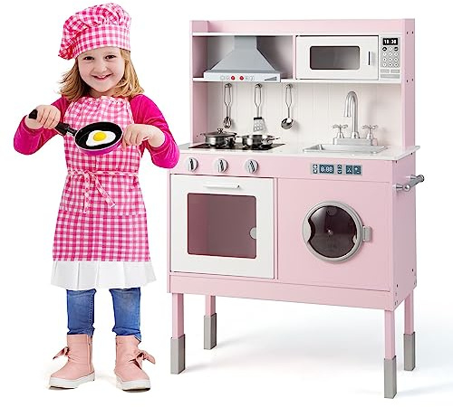 COSTWAY Wooden Kids Play Kitchen, Height Adjustable Pretend Cooking Playset with Light, Sound, Washing Machine & Sweet Accessories, Children's Chef Role Play Set for Boys Girls