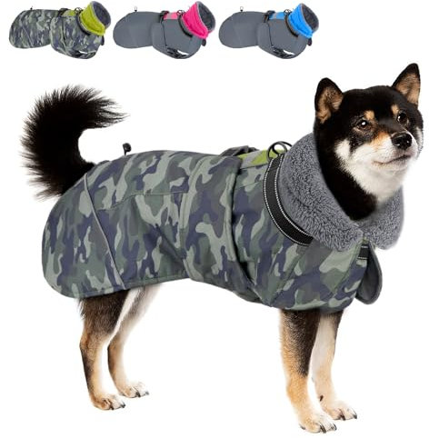 SlowTon Hundemantel Winter, wasserdichte verstellbare Fleecefutter Hundejacke mit Turtleneck und Kordelzug, reflektierender Wintermantel für kleine mittlere und große Hunde im Freien