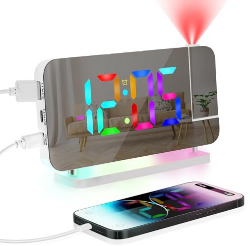 Aytop Projection Alarm Clock, Digital Clock with 180° Projector Alarm Clocks Bedside with 7'' LED Mirror Display USB Charging Port 6 Adjustable Brightness Snooze 12/24H Clocks for Bedroom Home Office