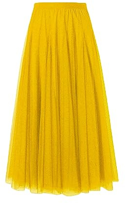 Faldas de tul para mujer, midi, elásticas, de cintura alta, con volantes en malla, fluidas, de línea A, para fiesta, largas faldas de tul, vestido de regreso a casa, amarillo, Talla única