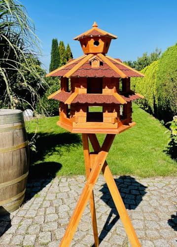 DARLUX Mangeoire à oiseaux résistante aux intempéries de L à XXL avec ou sans support en marron avec rouge, vert ou bleu pour jardin et balcon (taille XXL avec support, rouge - marron)