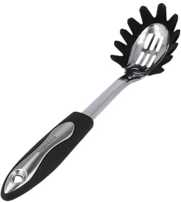 EUROHOME Nudellöffel CARMEN aus rostfreiem Edelstahl - Spaghettilöffel mit Silikonkante - Nudelkelle 33 cm mit Aufhänger - Spülmaschinengeeigneter Spaghettiheber - Spaghettikelle aufhängbar