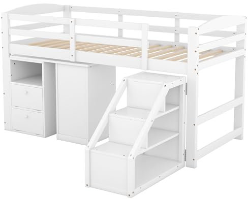 90x200 Hochbett mit integriertem Multifunktionsschreibtisch und Treppe,Jugendbett,Kinderbett,weiß