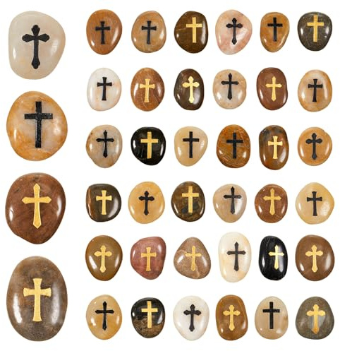 Fabbay 40 Pcs Cross Engraved Stones Prayer Rocks Inspirational Rocks Christian Clinging Cross Heavenly Gratitude Blessings Faith Encouragement for Christmas Religious Gifts, 4 Styles, 1-2 Inches Each