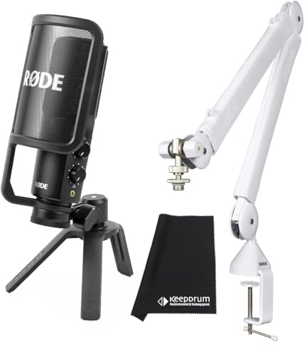 Rode NT-USB+ Plus USB-Kondensatormikrofon + PSA1+ Plus Gelenkarm Weiss + keepdrum Mikrofasertuch