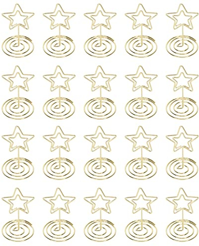 Buachois Portarnúmeros de mesa estrella dorada, soporte circular inferior, alambre metálico, portafotos, utilizado para notas de oficina, bodas, restaurantes, fiestas de cumpleaños, mesas de banquete