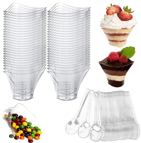 Vasitos Plastico para Postres, 50 Pedazos Vasitos Aperitivos Plastico, 100 ML Vasitos para Postres, Lavable Vasitos para Aperitivos Adecuado para Cumpleaños Bodas Carnavales Fiestas al Aire Libre
