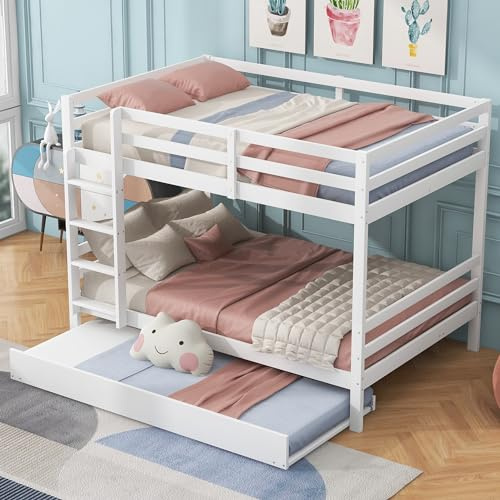 Moimhear Literas de 140 x 200 cm, camas infantiles, literas con cama nido, barandillas altas, escaleras estables (blanco)
