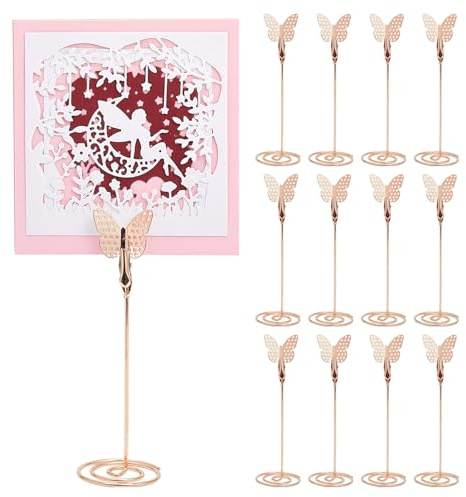 CHGCRAFT 12 soportes para números de mesa, diseño de mariposas, color oro rosa, soporte para tarjetas de mesa, para notas, tarjetas, fotos, letreros de comida en bodas, restaurantes, fiestas de
