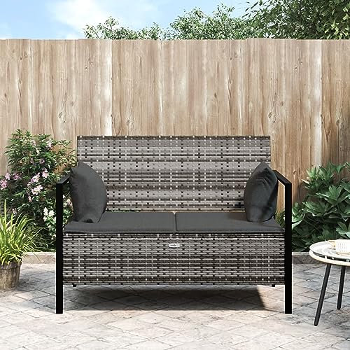 Homgoday Gartenbank 2-Sitzer mit Kissen Sitzbank mit Stauraum Rattanbank Ruhebank Terrassenbank Balkonbank Bank mit Rückenlehne Gartenmöbel für Balkon Garten Terrasse Grau Poly Rattan