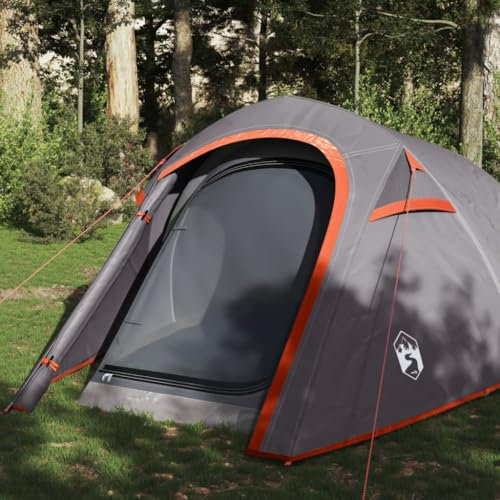 Tino Tech Tente tunnel pour 3 personnes - 275 x 110 x 125 cm - Coupe-vent - Tente familiale - Grande tente à lancer - Tente de festival - Tente de trekking - Polyester - Gris et orange