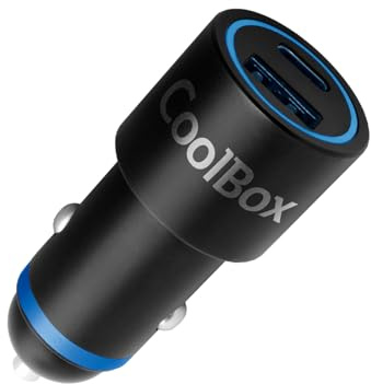 CoolBox Cargador Coche Carga Rápida 48W USB-C + USB-A con PD y QC3.0, 12V-24V con Selección Automática de Voltaje, Cargador Mechero Coche USB de Aluminio, Gadgets Coche. Negro