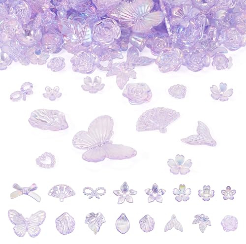 Craftdady 100 g - Colgante de hojas de flores con forma de concha de mariposa lila mixta para hacer joyas, pulseras, collares, aretes