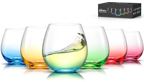 OJA Stemless Wine Classes Set of 6, Colored Crystal Wine Glasses - 15 oz, Short Glass Set for Red and White, No Stem Margarita Cocktail, Clear