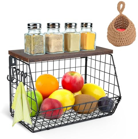 BOJVESH 2PCS Hanging Fruit and Vegetable Storage Basket with Wooden Lid, Detachable Woven Teardrop Wall Mount for Kitchen (Black and Brown)