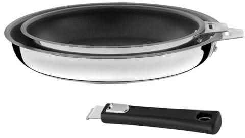CUISINOX - Malice - 2 poêles 20 et 24 cm avec revêtement céramique avec poignée noire - Fond sandwich - Compatible tous feux dont induction - Acier Inox 18/10 - Finition brillant - Poignée Amovible