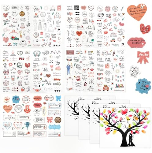 SNAIL GARDEN 9 Bögen Hochzeitssticker Set – 5x Gästebuch Aufkleber mit 266 Motiven + 4x Fingerabdruck-Baum Sticker (21x16 cm) – Weißer Hintergrund für Hochzeitsbücher, Einladungen & DIY-Deko