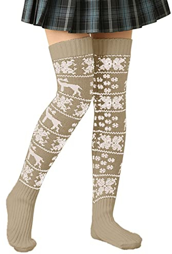 Stampa Calze Di Coscia Caldi Calzettoni Natalizi Calzini Alti Ginocchio Natalizi Calzini Lunghi Per Donna Invernali Calze Sopra Il Ginocchio Lavorati a Maglia Divertenti Natalizi (Grey, One Size)