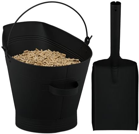 Relaxdays Secchio Raccogli Cenere e Legna da Ardere, Cestello da 11 L con Paletta da Camino, Cestino in Ferro, Nero