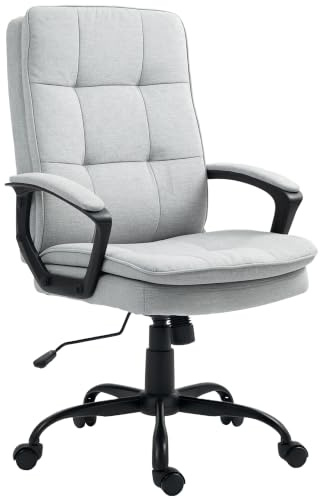 HOMCOM Bürostuhl Ergonomischer Schreibtischstuhl mit Armlehne Grau | Höhenverstellbarer Drehstuhl mit Wippfunktion, Leinenoptik, Getuftert Computerstuhl
