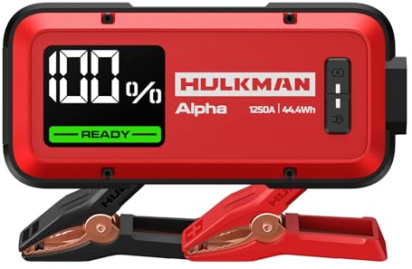 HULKMAN Alpha Ultra Red,Tragbare Starthilfe 1250A 44.4Wh,12V Starthilfe-Box für Moderne Fahrzeuge mit Kabeln,für 7.0L Benzin / 4.0L Diesel Motoren, Schnellladung,IP65 Zertifiziert,Großes LED-Display