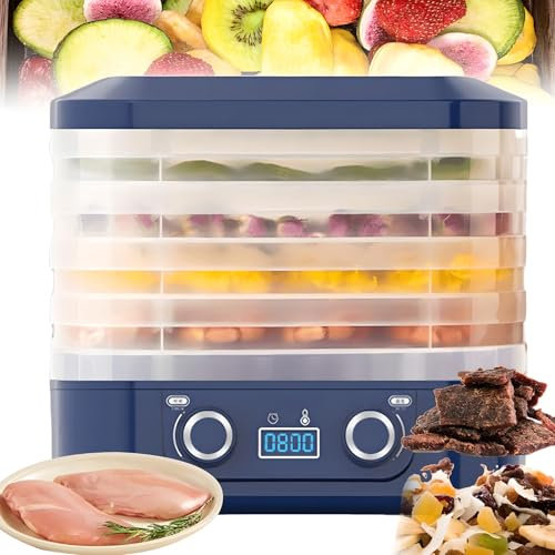 5-Tray Food Dehydrator Machine, 35-75℃ Temperature Control and 48-Hour Timer for Mushroom, Beef Jerky, Herbs, Meat, Fruit, Dog Treats blue