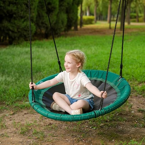 JUNGLE WELL RPET Saucer Swing - 40 Inches Tree Swing for Kids & Adults, Heavy-Duty 700lbs Capacity, Eco-Friendly Hanging Bird Nest Seat for Indoor/Outdoor Play (Racing Green)