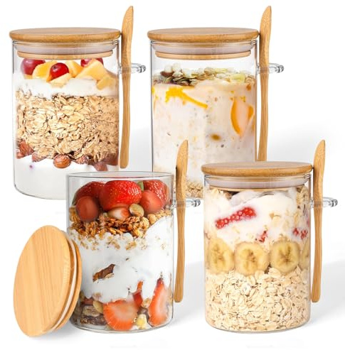 ZhouZGlass 16oz Overnight Oats Containers with Lids, Overnight Oats Jars with Spoons and Stickers, Leak-Proof Salad Meal Prep Jar for Cereal, Yogurt, Chia Pudding (4 PCS)