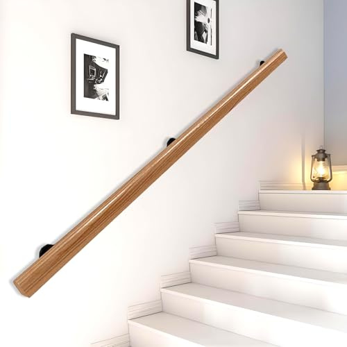 Wooden Stairs Banister Handrail, Non Slip Round Stair Railings Support Rod, Wood Hand Railing with Bracket Stair Grab Bar Kit, Staircase Handrails with Grab Rail Complete (Wood, 50cm)