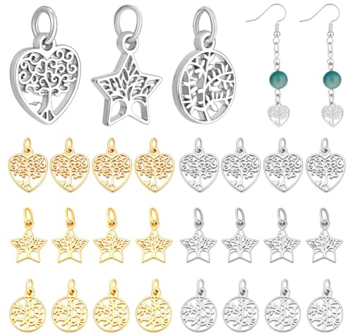 PH PandaHall 24pz Ciondoli Albero della Vita Placcati Oro 18K Pendenti a Forma di Cuore Stella e Rotondi per La Creazione di Gioielli Bracciali Collane Orecchino, 10~13mm, Argento/Oro