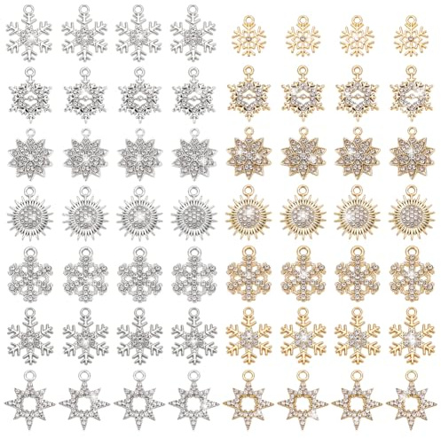 PH PandaHall 56 Stück Anhänger Aus Legierung Mit Strasssteinen 7 Stile Weihnachts Schneeflocken Anhänger SonnenFlower Kristall Anhänger Für Halsketten Halsbänder Schmuckherstellung(Golden Silber)
