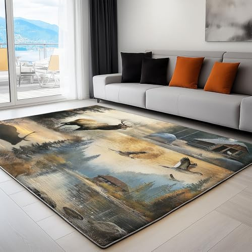 Generico Tappeto lavabile in lavatrice Patchwork Di Animali, Cervi E Orsi 160 x 230 cm Camera da letto Home Decor Tappeto Beige, per Camera Sala da Pranzo Cameretta Bambino Ufficio