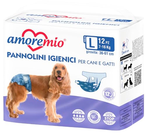 Pacco 24 Pannolini Igienici per Cani e Gatti Unisex, Taglia MEDIA o GRANDE, Mutande Cani Mono Usa e Getta, Anti Odore, Chiusura Adesiva Regolabile, SUPER Assorbenti (LARGE (Ø 36-61 cm))