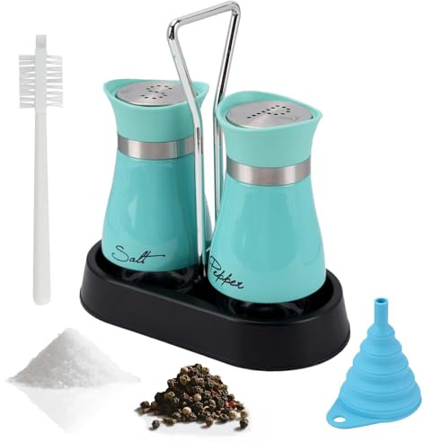 BZUEPRS Lot de 4 salière et poivrière avec support, salières et poivrières avec 1 brosse de nettoyage et 1 entonnoir, couvercle en acier inoxydable, pour maison cuisine restaurant barbecue (bleu)