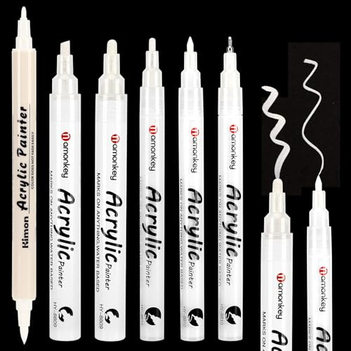 DenFatory Pack de 6 marcadores blancos, rotuladores finos impermeables de secado rápido, rotuladores acrílicos blancos, rotuladores permanentes para vidrio, madera, textiles, etc