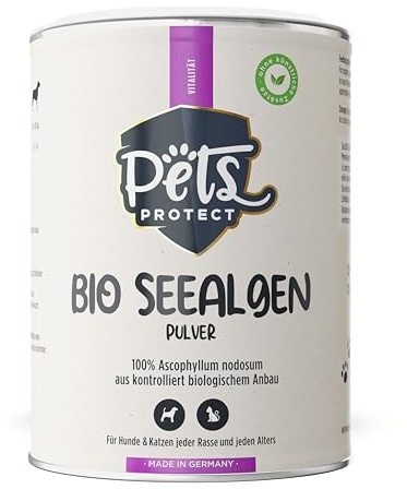 Pets Protect Harina de algas marinas orgánica para perros y gatos, superalimento 100% natural, suplemento Barf, fuente natural de yodo, polvo puro sin aditivos, 150 g, 100% calidad orgánica