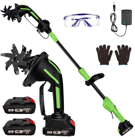 2 in1 Akku-Bodenhacke mit 2X Akkus, Kabelloser Mini Kultivator mit Teleskop | 1.3M, Mini Gartenhacke Akku, 235 U/min, 65Mn Stahlmesser, perfekt zum Pflügen, Auflockern des Bodens