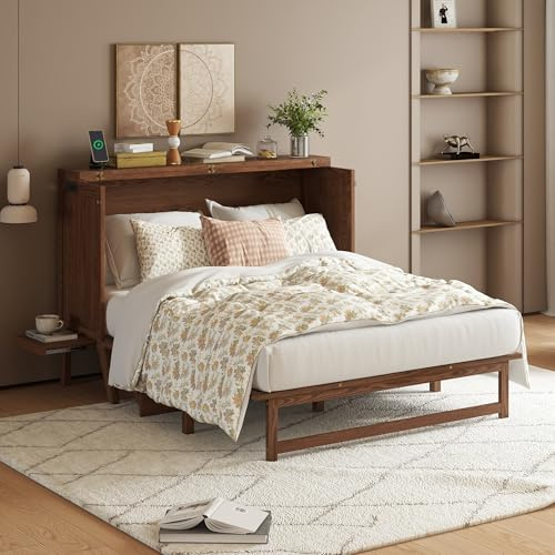 PVWIIK Queen Size Murphy Bed with Desk and Removable Shelves on Each Side,Solid Pine Cabinet Bedframe for Home Office, Guest Room,Multifunctional Bed,Walnut