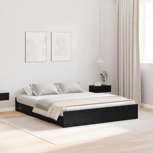 kithwjll Storage Bed Frame, Black Oak Look, 140 x 190 cm, Modern Double Bed with Drawers, Durable Pine Wood and Chipboard