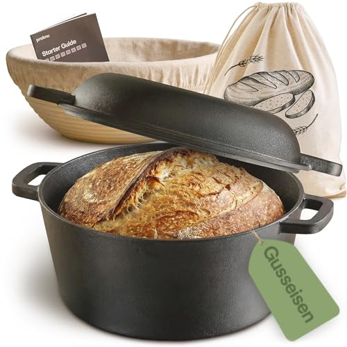 Praknu Gjutjärnsgryta för Brödbakning 26 cm – Dutch Oven Set – Med Jäskorg och Brödpåse – Gryta med Lock – 4,7 L Gjutjärn