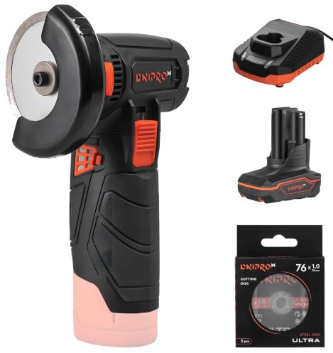 Amoladora Angular Dnipro-M CG-12BC Ultra 12V, con Batería 4Ah y 5 Discos | Velocidad de hasta 18.500 rpm │ Incluye 5 discos de corte Ultra de 76 mm │ Batería BP-125 4Ah y cargador FC-124