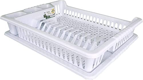 SAFRI White Large Plastic Dish Drainer with Drip Tray, Plate Drying Rack and Cutlery Holder (White Plate Rack)