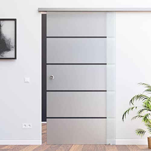 SlimLine SoftStop Glasschiebetür [Komplett-Set] Glasmaß: 1025 x 2175 mm, 8 mm ESG (Einscheibensicherheitsglas), Dekor P1: matt + klare Streifen, Griffmuschel BP1-1025-2-AS
