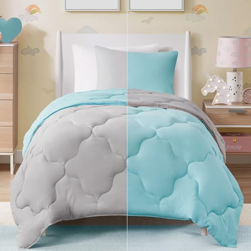 Comfort Spaces Vixie Reversible Comforter Set - Trendy Casual Geometric Quilted Cover, All Season Down Alternative Cozy Bedding, Matching Sham, Aqua/Gray, Twin/Twin XL 2 piece