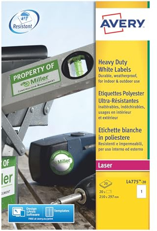 Avery Weatherproof, Printable, Heavy Duty Labels, Customisable, White, A4 Labels Sheet, 20 Blank Labels per Pack (L4775-20)